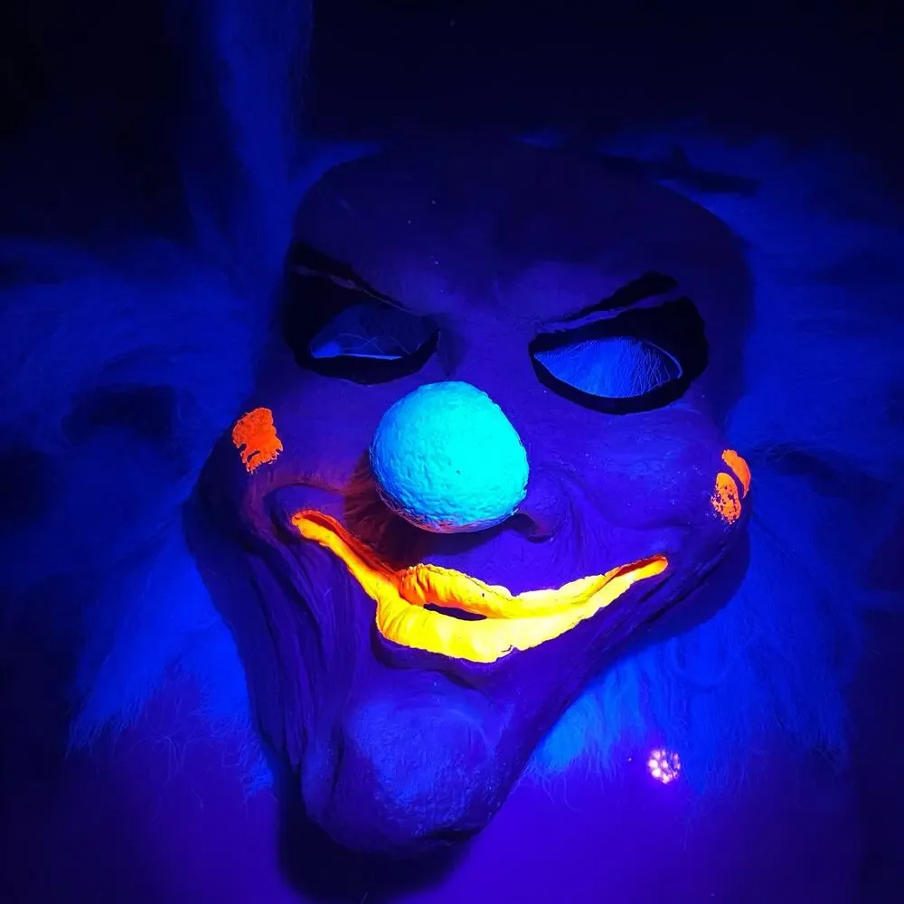 Creepy Clown Mask Halloween Costume Black Light Glows Pennywise Blue Hair NWT